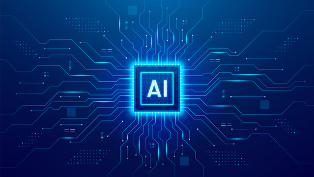 Futuristic vector banner with AI chip. Artificial Intelligence semiconductor technology concept with circuit board. AI chip processor with glowing elements on circuit board. Futuristic tech visual.