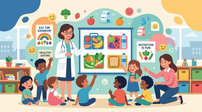 Teacher explains healthy food to children in a classroom setting with illustrations