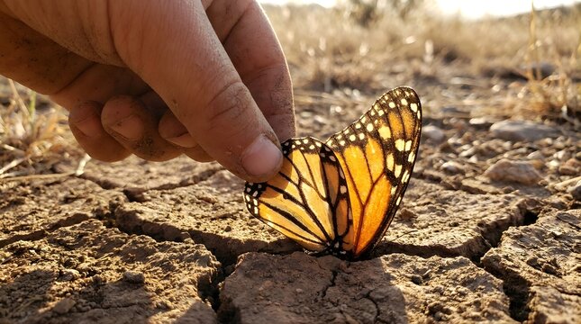 Human Hand Touches Monarch Butterfly in Arid Landscape Scene