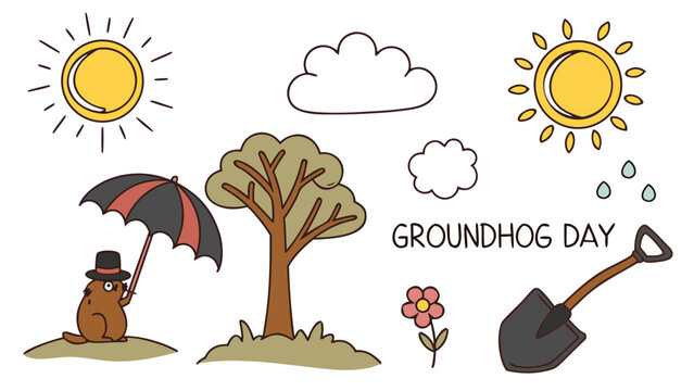 Vector illustration of a groundhog holding an umbrella with symbols of spring and weather groundhog umbrella