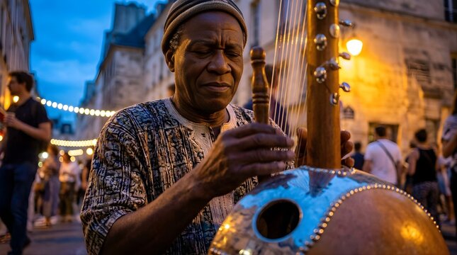 Street Musician Performs on a Percussion Instrument at Dusk with People Around