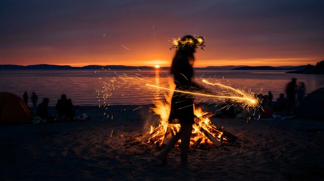 Person Spinning Fire Poi at Beach Sunset with Serene Landscape View