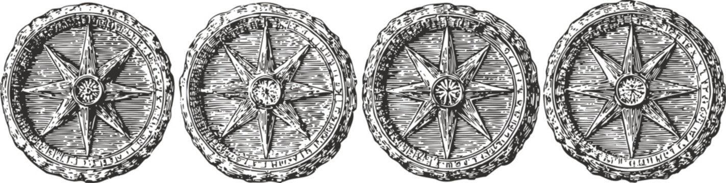 Set of four vintage compass roses hand drawn nautical navigation star symbols in antique sketch