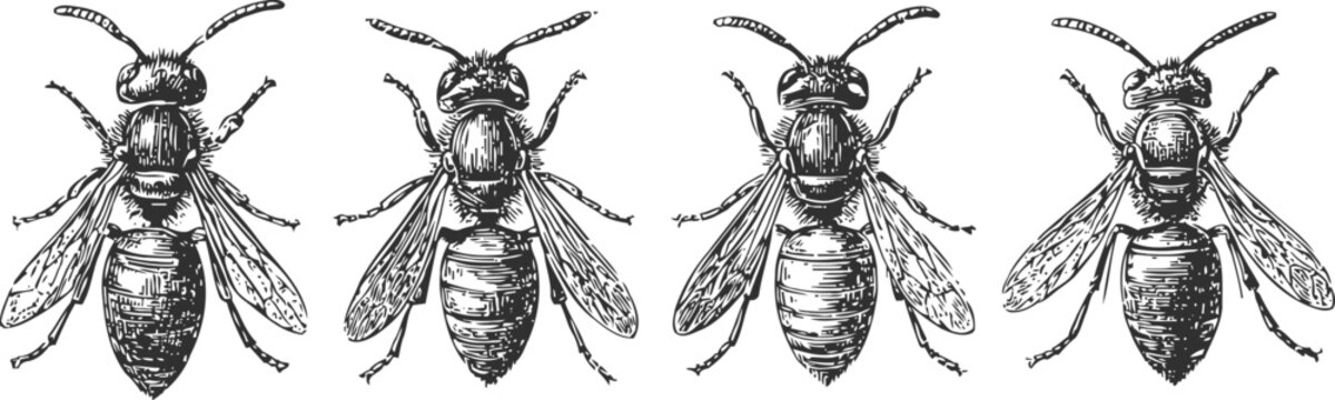 Vintage bee illustration set detailed insect drawing, winged pollinator honeycomb flying bug bee line art sketch engraving nature fauna collection