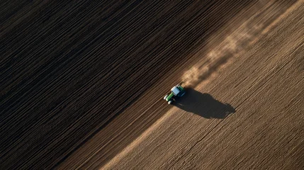 Aerial view of tractor plowing brown field on sunny day © ZubVector