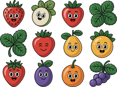 Collection of cute cartoon fruit and vegetable characters with happy expressions isolated on transparent background