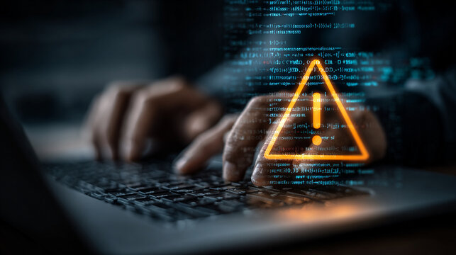 Cybersecurity warning concept with hands on keyboard and glowing orange exclamation mark in triangle overlay on blue code background