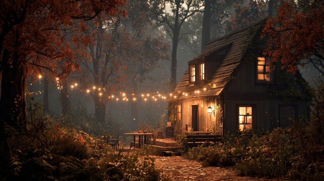 Cozy cabin in autumn forest with warm lights and rustic charm