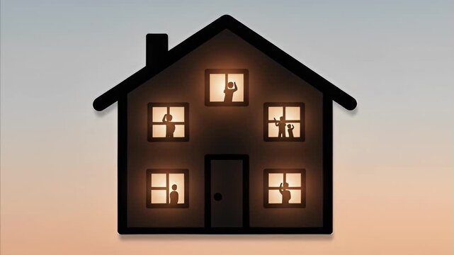 Stylized illustration of multistory home with glowing windows revealing silhouettes of people, symbolizing domestic life and community connection during evening hours