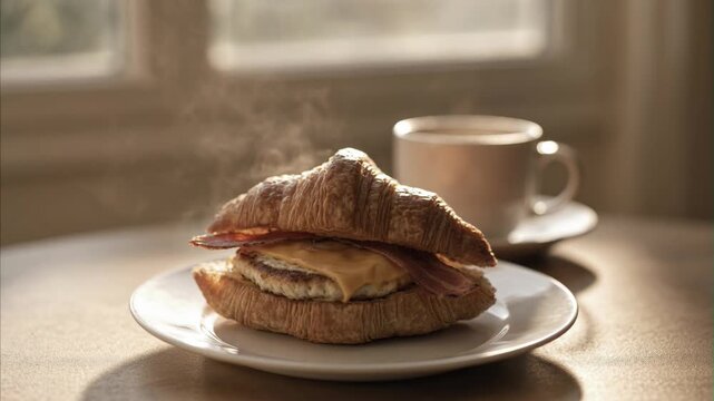 Steaming breakfast croissant sandwich creation featuring crispy bacon strips, melted cheddar cheese, egg patty served on white plate, warm morning light through window, cup of hot coffee accompaniment