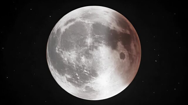 Celestial event of lunar eclipse against dark night sky with stars, showing moon shifting from white to reddish-brown during cosmic spectacle, full progression of shadow across lunar surface.