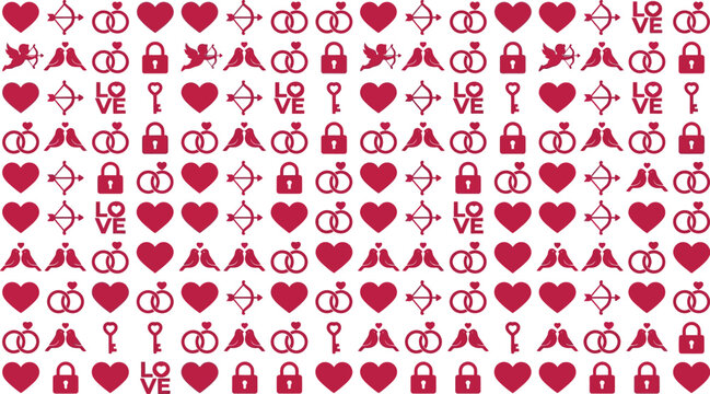 Valentine symbols including hearts, wedding rings, and cupids form a seamless pattern on a white background.