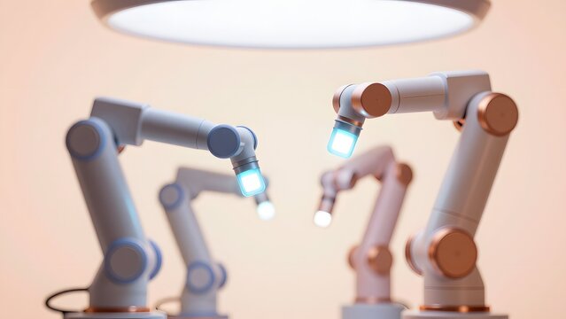 145. [STYLE] of collaborative robots working alongside luminous task indicators with frosted glass and copper, soft overhead diffusion, peach and slate blue palette, soft cream gradient backdrop, drea