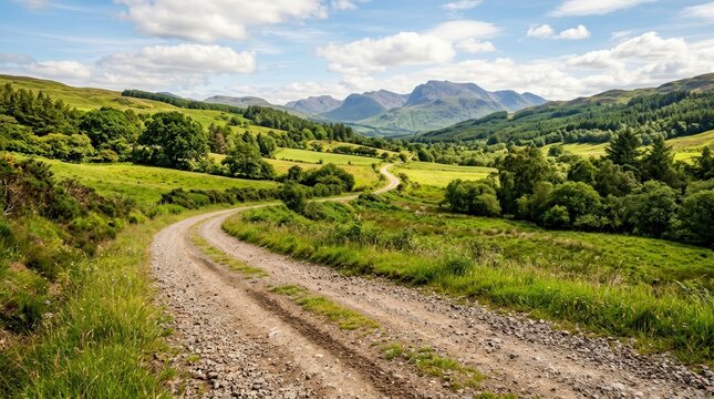 Scenic off road trip route on a dirt road through rolling hills and countryside.