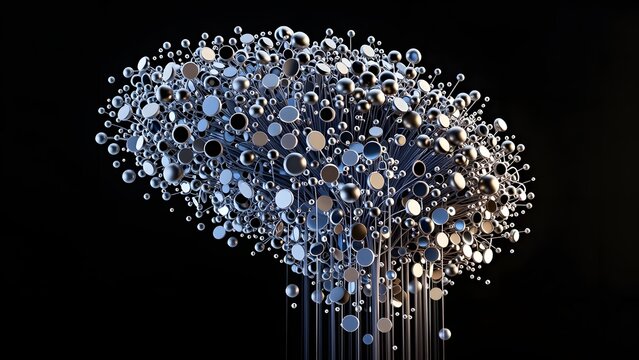 003. [STYLE] of cascading data particles forming an emergent intelligence pattern showing layered processing with metallic chrome and frosted glass surfaces, dramatic studio lighting, indigo and gold