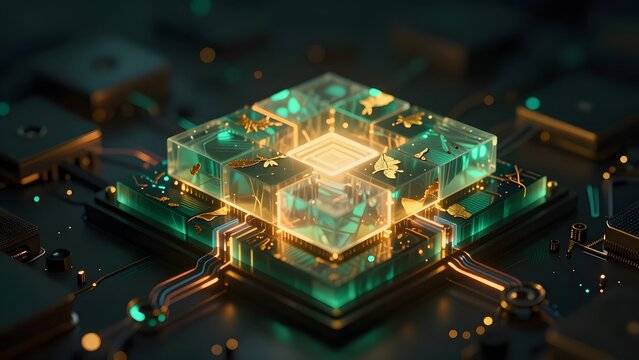 020. [STYLE] of an AI inference engine pulsing energy through stacked processing tiles with frosted glass and gold leaf, low-angle key light, deep emerald and amber tones, abyssal black backdrop, dram