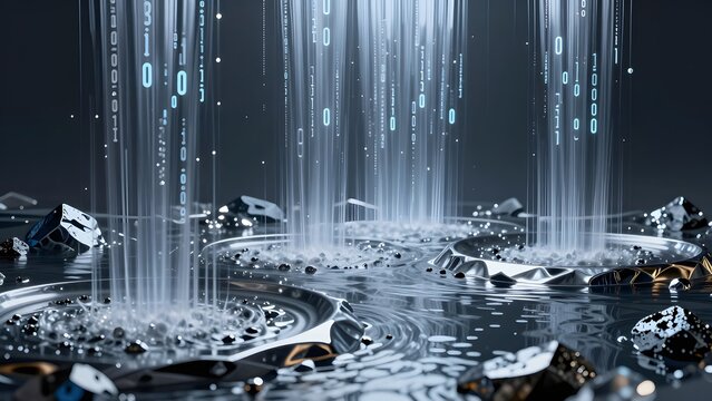 022. [STYLE] of cascading data waterfalls of binary streams flowing into analytical pools with reflective mercury and obsidian, soft volumetric glow, cool blue and silver tones, charcoal gradient back