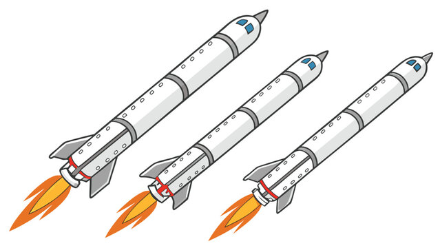 Vector illustration of three space rockets launching into orbit with spaceship exploration propulsion