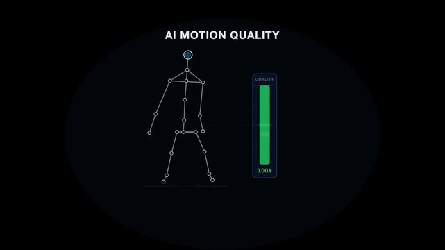 Digital motion tracking skeleton monitor with quality gauge. Suitable for technology, health, fitness, and medical concepts in design projects.