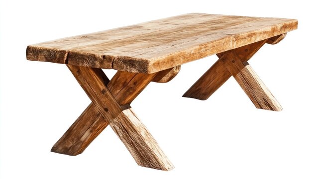 Rustic wooden dining table with x-shaped legs.