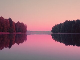 Fototapeta premium Tranquil autumn lake at sunset with vibrant pink sky and reflections