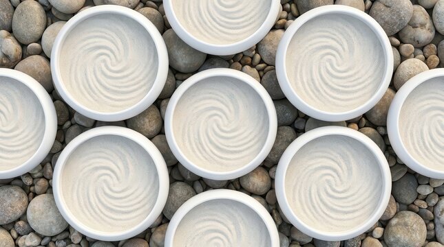Six smooth white ceramic bowls filled with finely raked sand in a tranquil zen garden arrangement