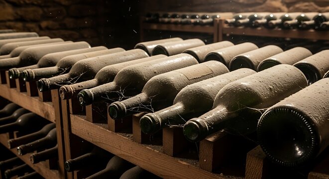 Rows of dusty wine bottles on a wooden rack in a dimly lit cellar storage room with wine bottles.