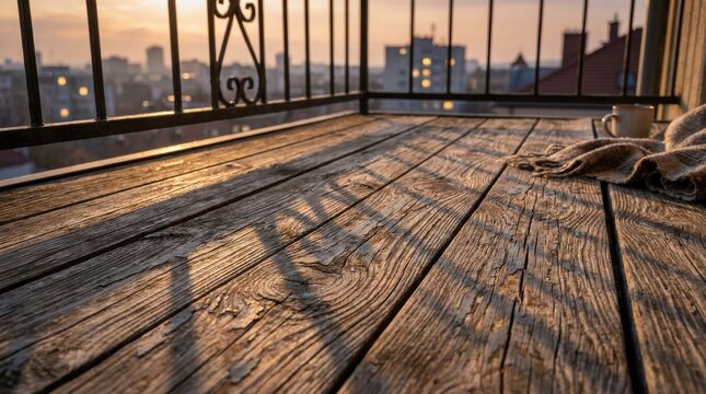 Weathered Teak Wood Balcony Surface Texture with Intricate Grain Pattern and Cityscape Bokeh