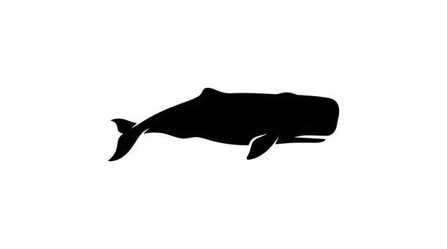 Minimalist vector silhouette of a majestic ocean whale, presented as a sleek black two-dimensional graphic on a clean white background, ideal for marine biology themes and digital design