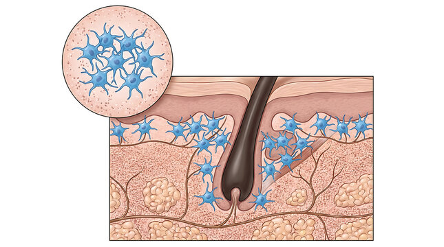 Cross section of human skin anatomy showing a hair follicle and dendritic cells in the epidermis with a magnified circular inset