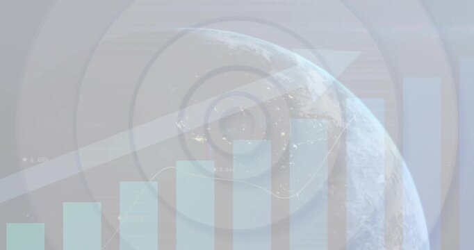 Rotating globe after ring pulse, rings pulsing then tightening, bars rising, arrow defining metrics
