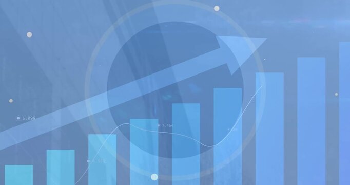 On play, stylized bar chart pulsing with arrow rising and particles drifting, illustrating growth