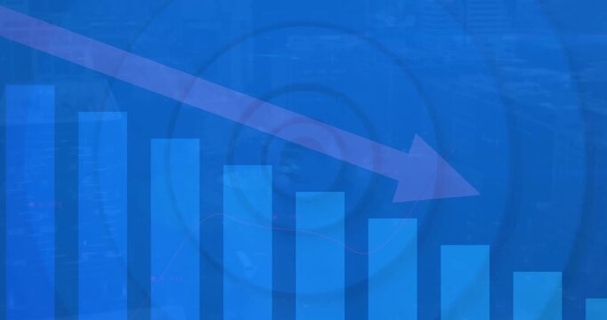 On play animated blue bar chart showing decline, lilac arrow sliding, rings pulsing to stress trend