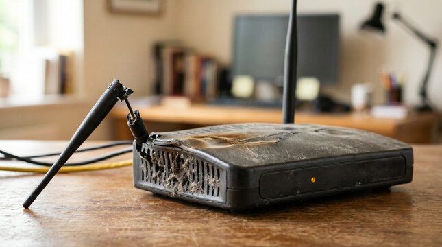 Broken wifi router burnt and melted on office desk surface. Featuring damaged hardware with scorch marks and broken antenna showing fire hazard or electrical failure in a home workspace.