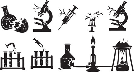 Obraz premium Lab Equipment Icons, Science Symbols, Laboratory Tools, Black Vector Set