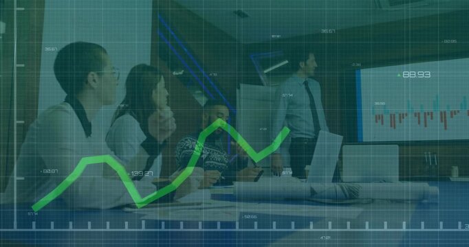 Presenter pointing to chart and starting HUD, green line animating while team noting sales trends