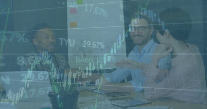 Woman and man locking eyes shaking hands closing finance deal while charts overlaying peer watching