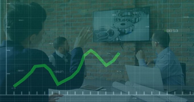 Lead raising hand gesturing screen green chart rising as team noting laptop plans for engineering