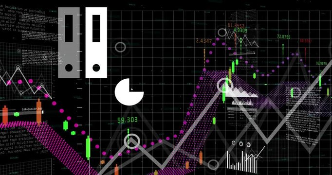 Cloud laptop appearing, pink trend sweeping, charts growing, candles rising, showing upward trend