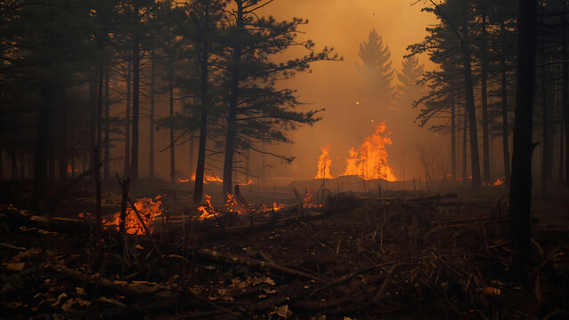 Forest fire rages through dense trees and underbrush