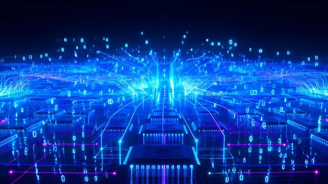 Digital datum stream matrix effect glowing blue data flow futuristic network server center with abstract light lines and digital code, blue neon futuristic circuit board, abstract digital circuit