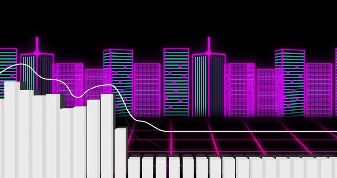 Audio pulse starting white bars and wave moving right mid bars peaking showing neon synth rhythm