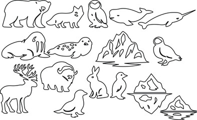 Arctic animals vector line art collection, polar wildlife outline illustrations, icebergs and cold climate creatures, a versatile graphic resource for educational and design projects © Shanza