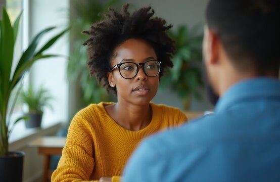 Black woman with glasses listens intently to man in blue shirt. They are in a bright office with plants. Serious conversation or consultation.