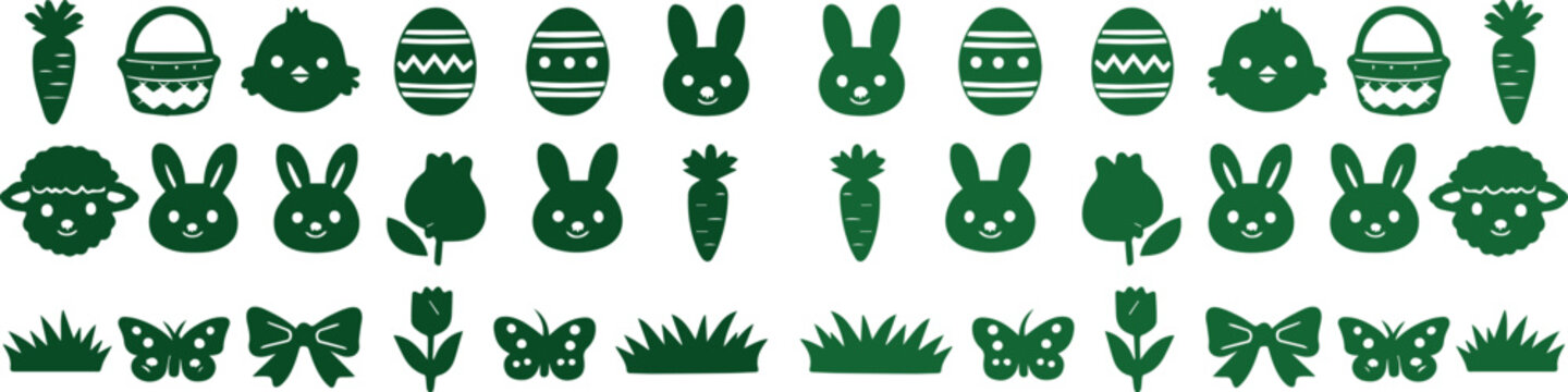 Charming Easter Holiday Icon Set, adorable spring celebration vector graphics. Cute bunny, chick, decorated egg, carrot, flower, butterfly, and grass elements, perfect for festive designs.