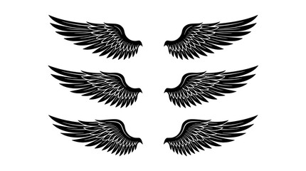 Obraz premium Eagle wings tattoo style vector set with detailed black feathers spread wide for emblem and logo design