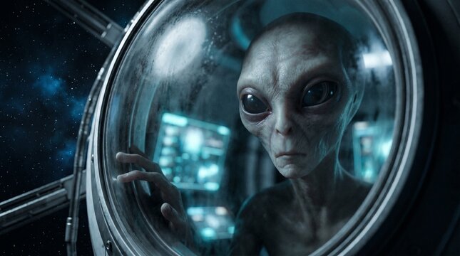 Alien peering through spaceship window in outer space  