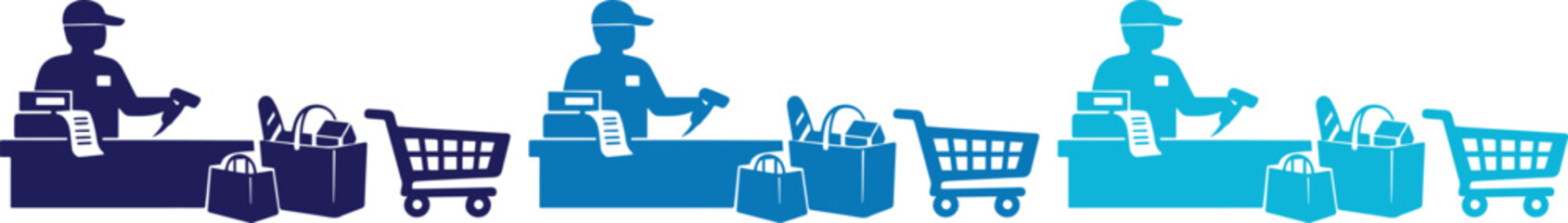 Cashier checkout process vector icon set, customer service and retail transaction concept. Supermarket shopping cart and bag, modern flat design for e-commerce and business. © Shanza
