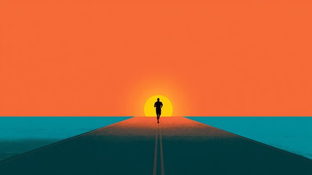 Silhouette of person jogging towards vibrant sunset over ocean horizon