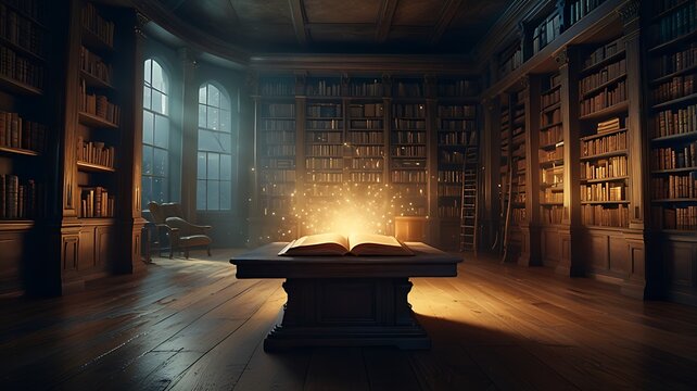 Enchanted Fantasy Library with Glowing Scrolls and Floating Magical Manuscripts in Cinematic HDR